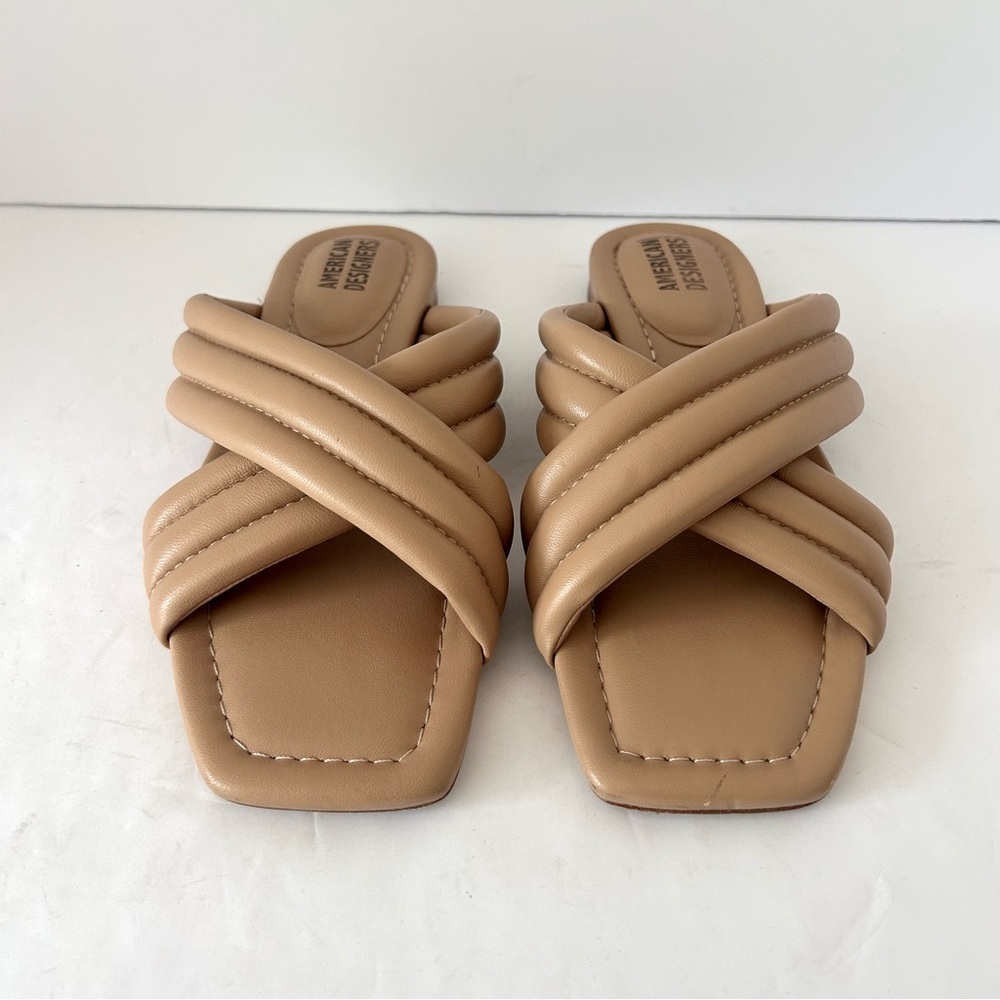 Leather Puffy Slide Strappy Sandal Shoe Spring Break Vacation Resort Tan Size 8 - Picture 2 of 9